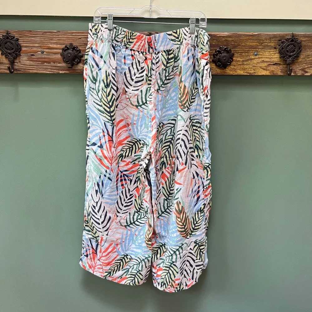 Tahari Womens‎ 1X Linen Wide Leg Tropical Palm Leaf Print Pants Multi-Color
